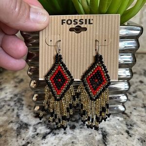 Fossil Boho Bohemian Style Beaded Fringe Dangle Diamond Earrings Pierced NWT